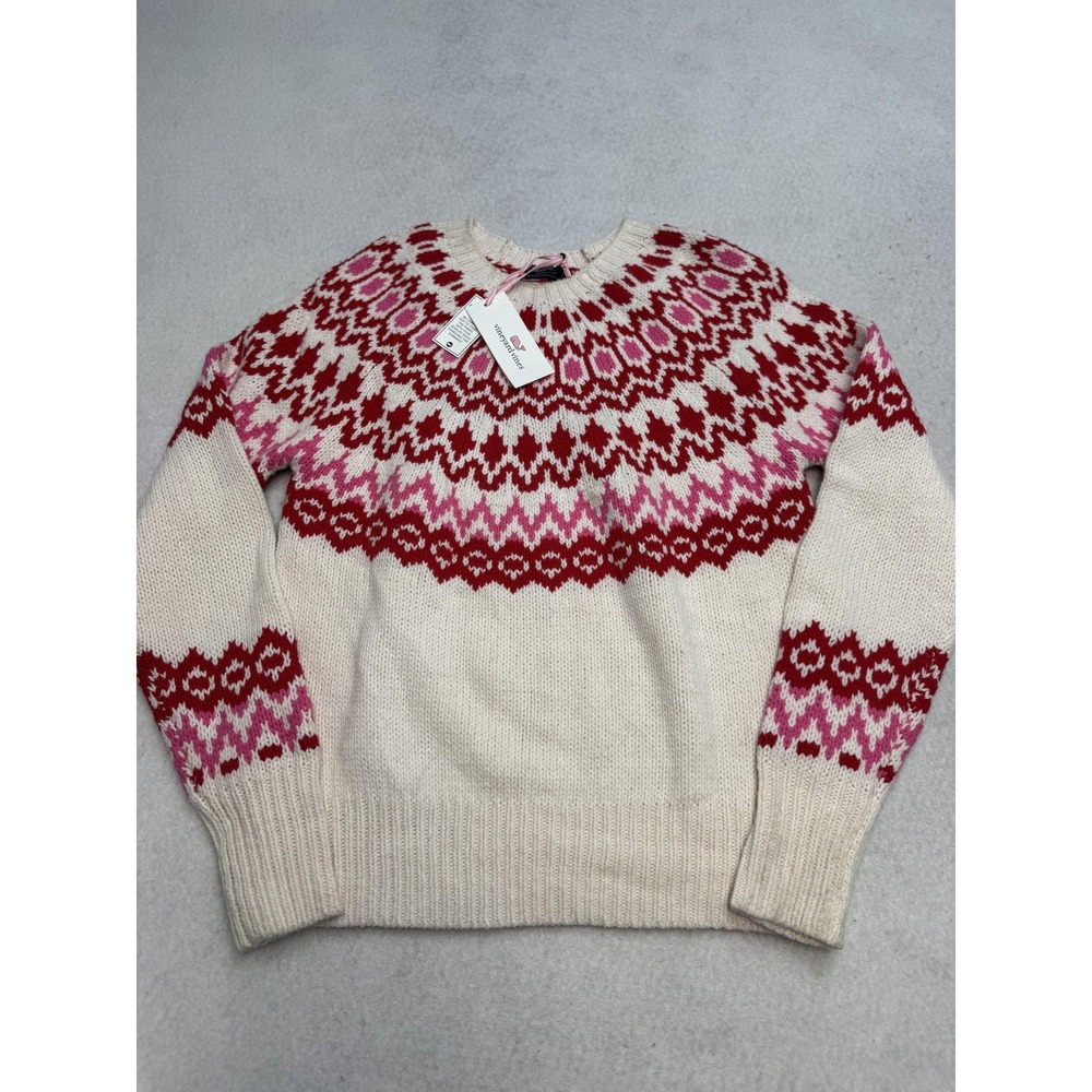 Vineyard Vines Sweater Women's XXS Cream Pink Red Fair Isle Crewneck Knit Merino